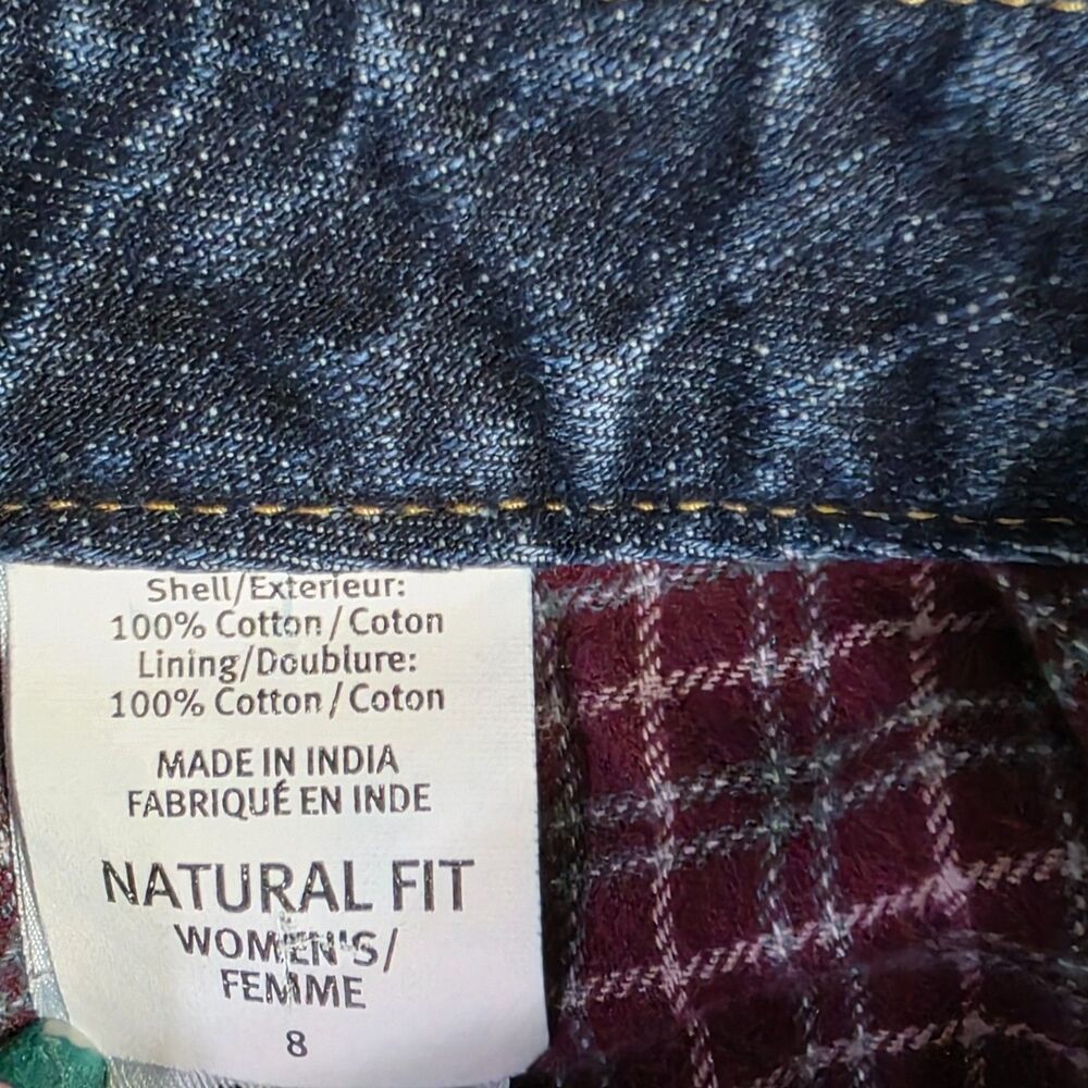 Eddie Bauer Straight-Leg Jeans in Dark Blue with Red Plaid Cuff - Picture 5 of 8